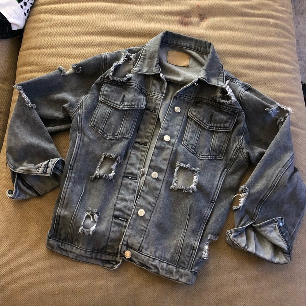 Vintage Black Jean Jacket with patchy holes